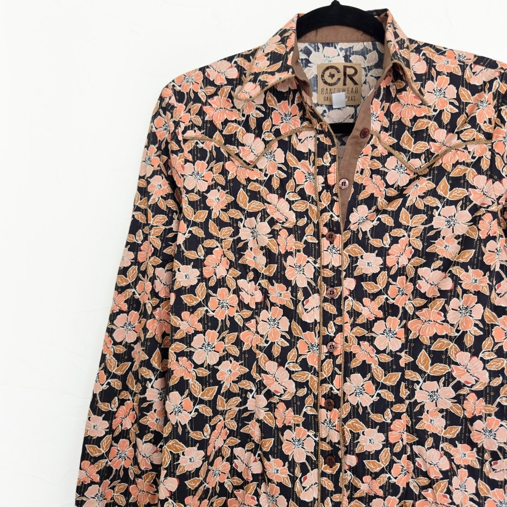 CR Ranchwear Western Floral Button Up Pink Black Gold Top